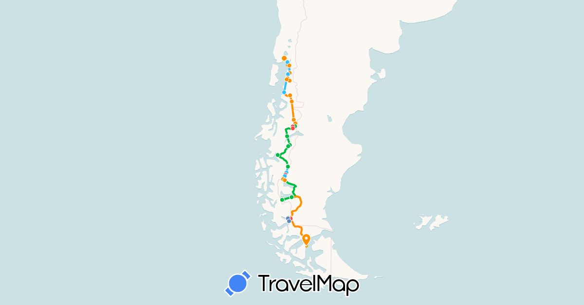 TravelMap itinerary: driving, bus, cycling, hiking, boat, hitchhiking in Argentina, Chile (South America)